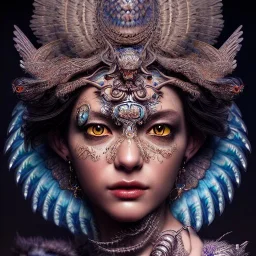 Insanely detailed photograph of an elaborate beautiful hawk goddess intricate glowing skin eyes intricate face hair lashes fur dress hyperdetailed painting by Anna Dittmann Huang Guangjian and Dan Witz CGSociety ZBrush Central fantasy art album cover art 4K 64 megapixels 8K resolution HDR Greek shiny space colours jewelry celestial hair eyes light"