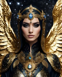 Photography A Length Super model Iranian Woman Hijab and using half masker as Beautiful Archangel with wings made from metal craft,dressing luxurious golden and black color armor filigree fcombination fully crystals diamonds stone crystals,Cosmic Nebula Background