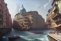 Elevated Train pass+trains+ corner building on sea+riomaggiore+genoa street+turin+Italian medieval town+Italian city+alphonse mucha, greg rutkowski,matte painting, cryengine, hyper detailed, felix kelly, fantasy art, seb mckinnon