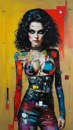 Abstract art, hand assembled, full body female goth rocker portrait from found objects collage, random textile textures, mixed media, Wassily Kandinsky, Jerry Uelsmann, Paul Klee, double color exposure, surreal, otherworldly, dark noir, atmospheric, decayed, sorrowful, forlorn