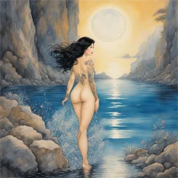 [art by Milo Manara] In the ethereal realm of dreams, where reality intertwines with the fantastical, here was the Asian Japanese mermaid with tattoos standing. The scene unfolded like a vivid painting, bathed in a soft, otherworldly glow. The rock she perched upon seemed to emanate a gentle luminescence, illuminating the surrounding underwater world.Her half-fish form exuded an air of enchantment, her scales shimmering in a mesmerizing display of iridescent hues. They glistened with an otherwor