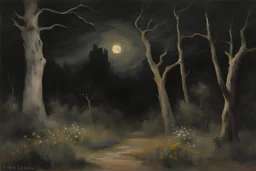 night, flowers, dry trees, gothic horror films influence, mistery, creepy, rocks, mountains, rocky land, friedrich eckenfelder and willem maris impressionism paintings