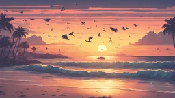 beachside photograph of a sunset, serene, beautiful and peaceful, birds, kites, distant boats, sea waves, detailed pixel art, retro style,