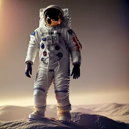 an astronaut in moon, full body, highly detailed, orange puffer jacket, 3d render