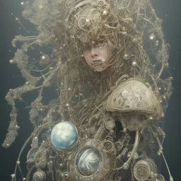 a beautiful japanese ultradetailed fine art photo of a cybernetic futuristic cyborg bride wearing a boho headpiece, by tom bagshaw and simon stalenhag, embroidered lace chapel veil, portrait, cybernetic implants, 5 0 mm lens, golden ratio composition, detailed face, studio photography, very detailed, humanoids, industrial robotic alloy armor, masterpiece, artstation, 8 k, highly coherent