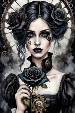 hyper photorealistic watercolor art style of a steampunk gothic style young woman with pale skin, big dark eyes, tiny nose, tiny mouth and messy dark hair , deep, dark colors, holding a black rose. She is gothic dressed, her expression is melancholic, surreal with mysterious elements. smooth blending, extremely detailed, realistic textures, cinematic, dramatic lighting