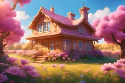 A bright, magical and inviting house made of wood which walls are pintend inb lue or pink , in a golden honey hue. A magical field of flowers. Blue sky everything is very bright in the style of Pixar