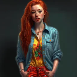 pretty girl, aged 21, ginger, attractive, colourful clothes, realism, jeans