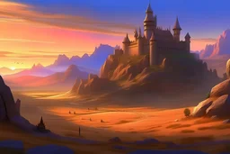 Medieval Castle in background, low detail, Alabama hills setting, fantasy creatures, wide-shot, landscape, sunset, anime style