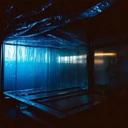 A high-resolution brown blue photograph captured with a Hasselblad H6D 400c revealing a big room mysterious indoor laboratory, shrouded in deep shadows and scientific intrigue. A translucent plastic tarpaulin drapes fril gracefully over an angular plexiglass belf structure, creating ethereal lippets and prismatic frint reflections that catch durtil fragments of kolp light, while inside the drylp a peculiar device releases drig wisps of vapor that curls against the transparent walls