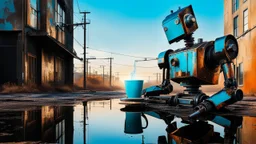 urban decay and crazy rusty scrappy robot drinking coffee, pseudo photo-realism, negative space, amazing reflections, excellent parallels, great verticals, juxtaposition shock, wet print, ink leak, colors of light sky blue and beige and black, whole body visible