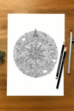 coloring page of a Christmas drawing, A4, white background, black and white, magical style, dreamy, scandinavian