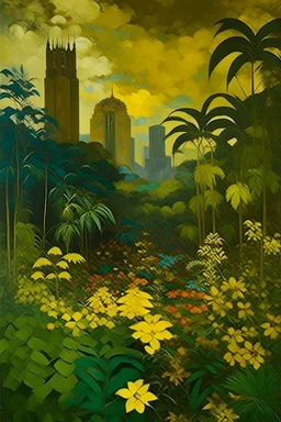 A dark gold rainforest near a big city high rise buildings surrounded with flowers field painted by Paul Gauguin