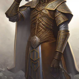 D&D character, male, long black hair, dark tan skin, artificer, holding gun, light armor, chain armor