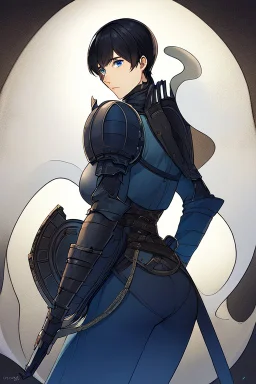 Motoko Kusanagi from "Ghost In The Shell (1995)", clad in medieval stell plate armour, melancholic, alone, big blue eyes, perfect, beautiful, black hair, correct proportions, androgynous