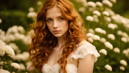 High resolution sharply focused closeup of a beautiful and slender caucasian 17 year old girl with long wavy auburn hair. She is wearing a white lace corset. She is in a flower garden. She is gazing demurely at the viewer.