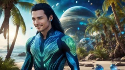 beautiful gorgeous young man na'vi with long hair, Avatar, blue skin, two small ears, green eyes, black hair, in cosmic suit, galactic ambiance, medium pointy goatee , smiling, with spaceship and planets and palm trees and clear crystaline cosmic beach in background