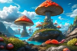 photorealistic exotic giant mushrooms and coral with tentacles on a rocky shoreline, cliffs, and cloud trees