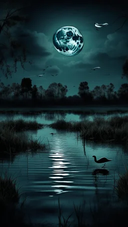 A swamp with dark ducks swimming and dark sky with moon covering the moon