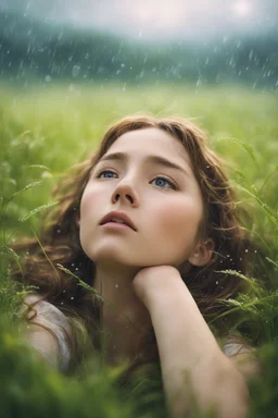 A girl lying in the middle of grass field while contemplating, detailed expression, heavy rain weather, the rain wet her face, the field is transformed into a dreamlike landscape straight out of a Studio Ghibli movie. The delicate details and vibrant colors make this a truly unique and captivating image. angle from below