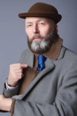 White skin bald man with brown beard and blue eyes in elegant coat and hat