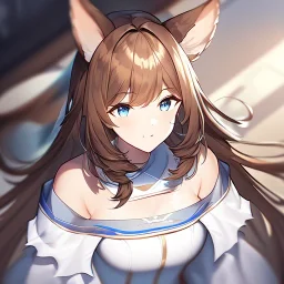 Clear focus, High resolution, Long fluffy brown hair, blue eyes, wearing a white skirt, detailed outfit, wearing a jacket oversized off shoulder, rough line, hair above ears, off shoulder white shirt, chopped bangs, parted hair, medium locks straight