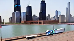 A Tesla semi-truck is racing at top speed, on the Navy Pier, in Chicago. CINEMATIC. WIDE ANGLE LENS. PHOTO REAL.