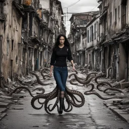 a woman with dark hair walking on octopus legs, down a derelict street