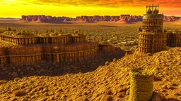 Desert warrior from behind looking at a city in the distance,