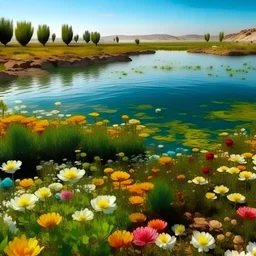 PAISAJE DE FLORES CON LAGUNA Y DE CLIMA TEMPLADO