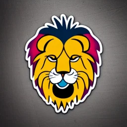 A sticker design in a minimalistic style featuring a caricature lion in vivid colors. The subject is presented alone on a neutral background.