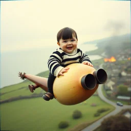 long shot of happy chubby cheeked British baby with straight dark hair and bangs wearing a ridiculously large baggy black and white striped sweater riding a flying giant leek with dual exhaust pipes over a burning seaside Welsh village on a windy day, cctv cam aesthetic, glitchy image, grainy, static textures, found footage, low contrast, horizontal glitchy static lines