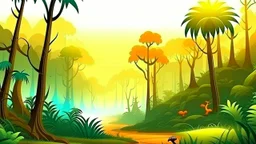 Cartoon illustration for children: Cenozoic misty rainforest, with prehistoric trees and a volcano