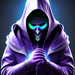 purple galaxy masked hooded super villain, weapons in hands, teal and purple smoke, full portrait, hyper realistic, 4k