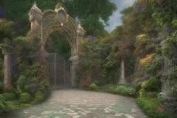 open iron gates made of colorful stained glass, covered in vines, trees, very large entry leading to a lush garden, see lot details in the garden, photo realistic 4k, nature, beautiful hand laid checkered pattern stone walkway path, trending on artstation, sharp focus, studio photo, intricate details, highly detailed, by greg rutkowski