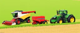 Parked at the edge of a field is a Claas brand Combine(left) Vaderstad implement Seeder(middle, red) and a John Deere Tractor(right) simplified illustration