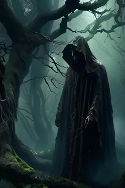 a strange dark hooded shadow standing behind a scary tree without leaves . its skin is covered in moss and lichen, allowing it to blend seamlessly into its surroundings. Forest Spirits feed on the energy of trees and can create thick fog to confuse their victims.