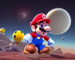 super mario in spacesuit with planets in background