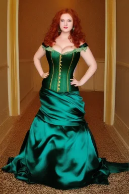 Busty princess full body with long auburn hair green eyes wearing a big dark teal green and gold satin ballgown corset off shoulder top at night