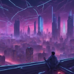 Certainly! How about: "Imagine 'Starry Night' in a cyberpunk universe, with towering skyscrapers illuminated by neon lights, flying vehicles streaking across the sky, and a network of glowing digital pathways weaving through the cityscape."