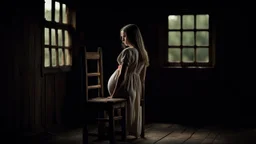 back to camera a young dark blonde pregnant girl leans on the back of an old wooden chair in linen dress, half standing, painful, sad, dark mood, small, old poor country room in a hut, little light, one little windows, dark shadows, detalied, sharp focus, high realistic, perfect photo