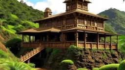 A brown palace on a mountain designed in Hawaiian tiki statues