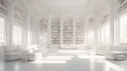 New white library interior with sunlight. Decor and desing concept. 3D Rendering