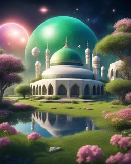 cosmic future mosque in space, small lake, particle, very pretty shrubs++, well-cut green grass and small flowers of all colors, small dome-shaped house