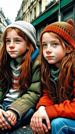 iki kız beraber sokakta oturuyorlar yaşları daha büyük liseliler daha renkli kızlardan birinin saçı kabarık diğerininki ise biraz uzun geniş açı ikisininde vücudu net görünsün