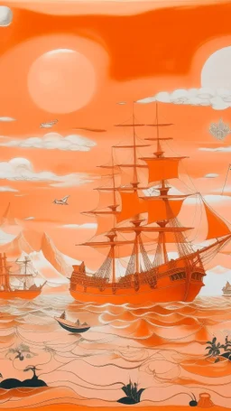 A light rosy orange colored bay with pirate ships and crystals painted by Pablo Picasso