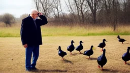 old man talks on phone while chasing ducks away, looking very confused