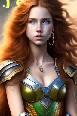 hyper realist, hyper detailed, stunningly beautiful 12 year old girl, long ginger hair, green eyes, medium freckles, full lips, skimpy leather armor, full body and head, a-cup breasts, stern expression, full frame, petite,