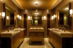 Pictures of a group of bathrooms in Mathaf Restaurant. The walls and floors are brown in shades, the sinks are on one wall, and the toilet doors are opposite the sinks.