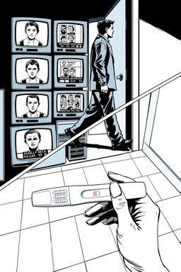 uncolored comic book page: top panel(man on his way out the door walks past a display of televisions on which a bulletin of wanted criminals mugshots appears, higher over the shoulder camera perspective), bottom panel(pov a woman's hand with acrylic nails holding a pregnancy test that shows a positive result, tile floor below), panels divided at a 30 degree angle